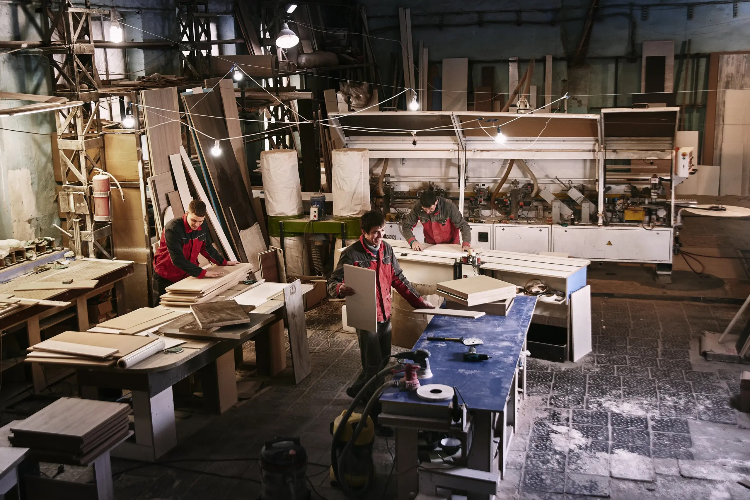 Carpentry workers assembling wooden panels inside a busy woodworking workshop